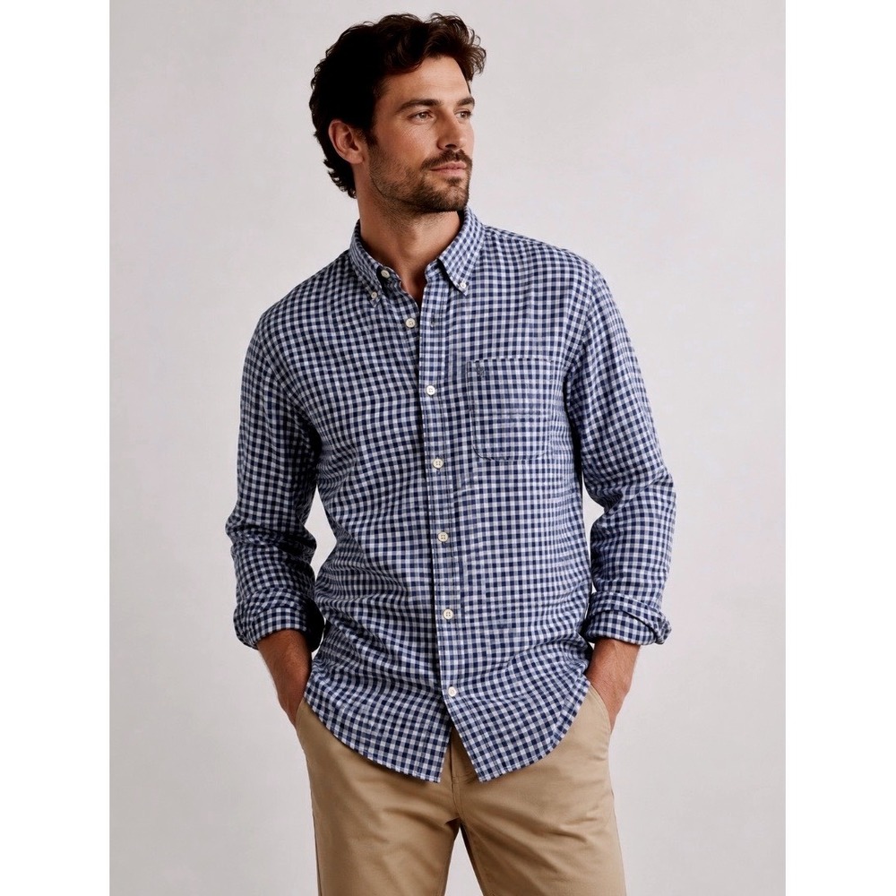 Abercrombie & Fitch Men's XXL Muscle Fit Gingham Button Down Shirt Navy Gray